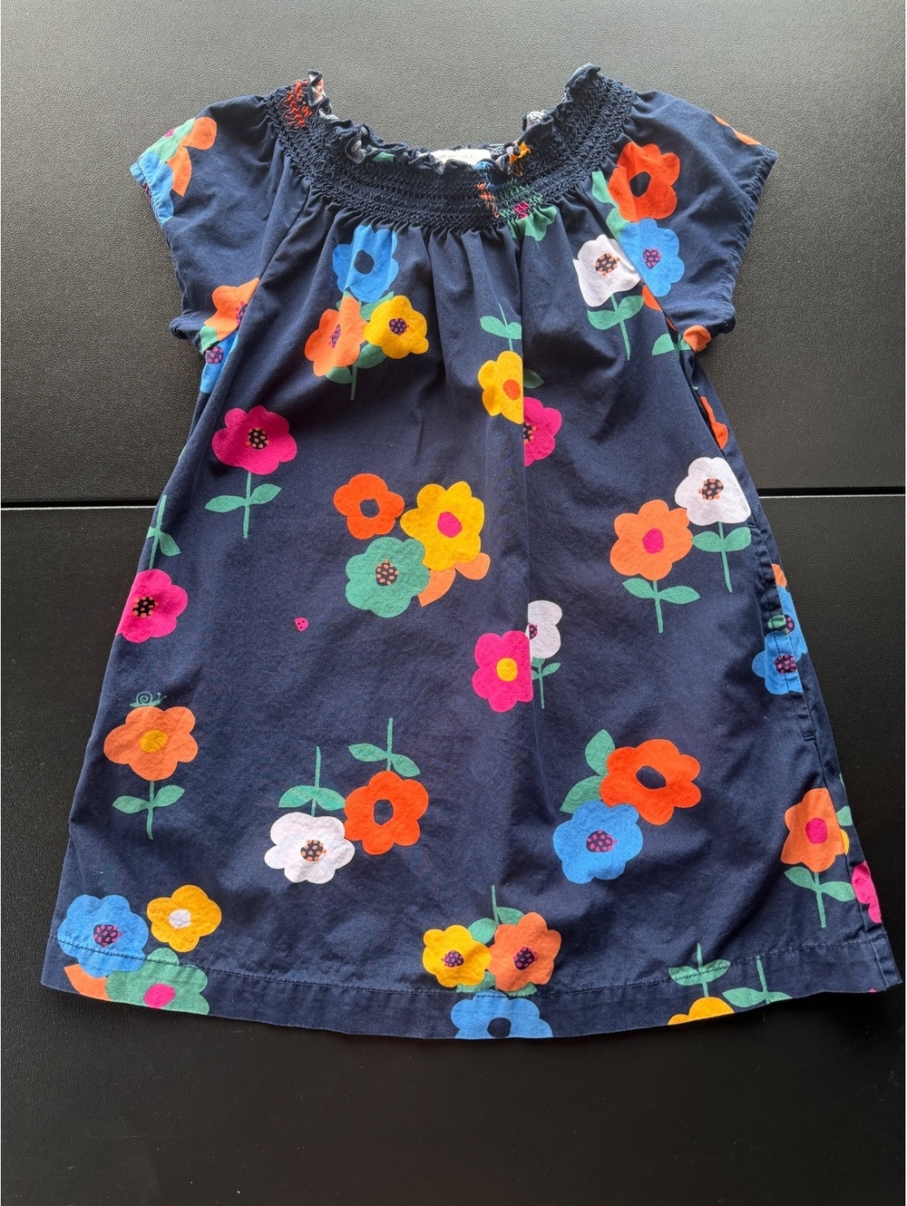 Hanna Andersson Girls Dress Size 4 100 Navy Floral Smocked Cotton A Line